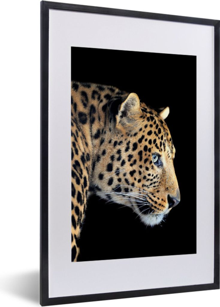 MuchoWow Gerahmtes Poster Leopard - Schwarz - Pelz 40x60 cm - Poster mit Schwarzem Bilderrahmen Wandposter Rahmen Foto Bilder - Poster in Rahmen