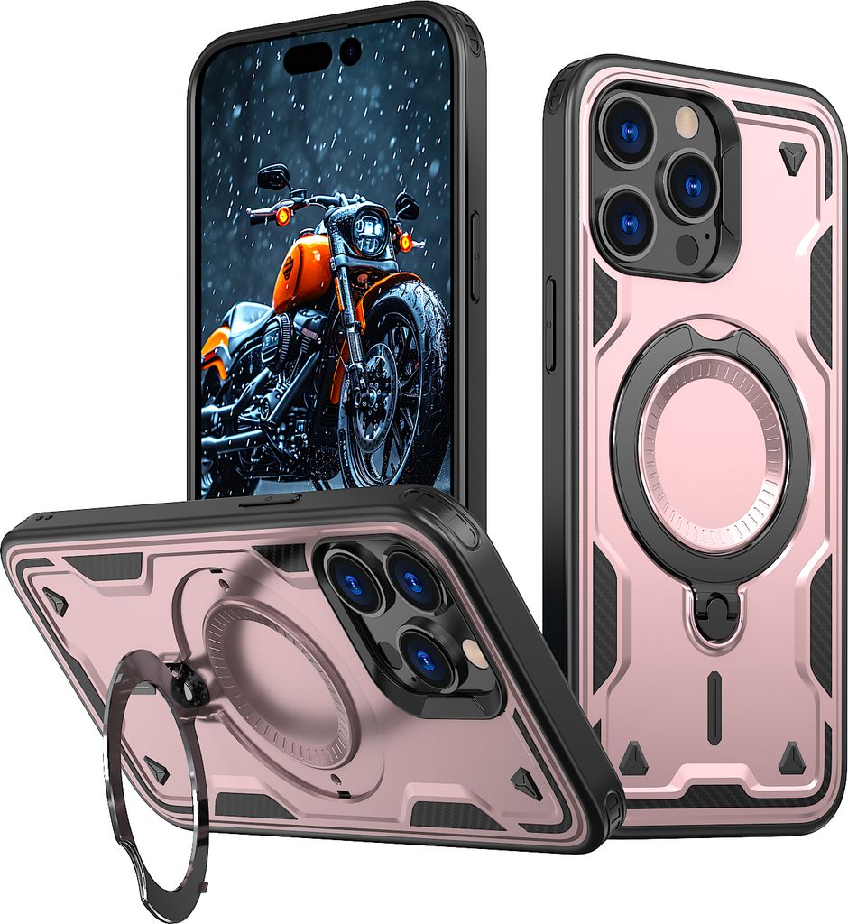 Dual Layer Hülle für iPhone 12 Pro Max/13 Pro Max Metall Ring Ständer Magnetisch Stoßfest Militär Handyhülle Roségold