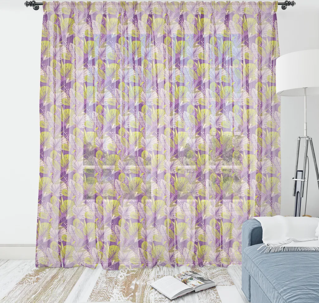 ABAKUHAUS Tappeto da parete vivace, Pioggia continua - Foresta botanica Foglie Illustrazione dinamica, Soggiorno Camera da letto Tappeto da parete in raso setoso, 210 cm x 274 cm, Giallo Verde Prugna