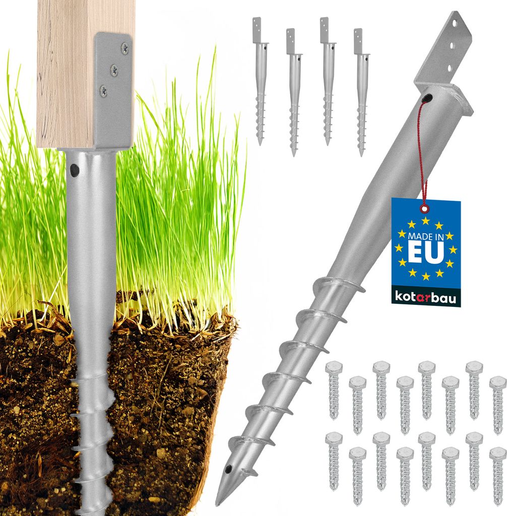 A product shot of ground screw anchors for fences and pavilions, with a section showing one anchor installed in the ground.
