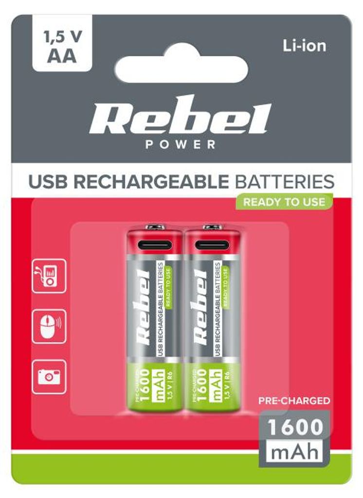 Rebel BAT2014 AA-Akkus 1600 mAh Li-Ion 1,5 V, 2 Stück, USB-C