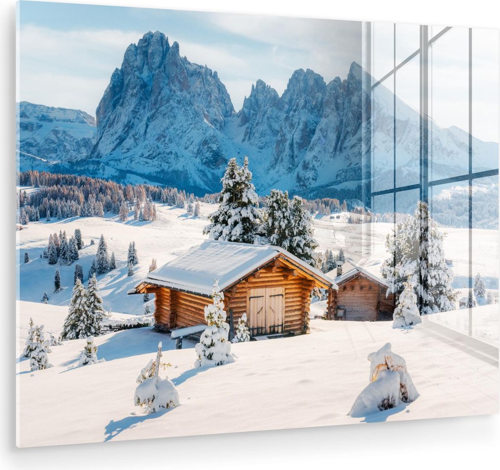 MuchoWow Glasbilder - Bilder auf Wandbild - Foto auf Glas Winter - Hütte - Berge - Aussicht - Schnee 40x30 cm Wanddekoration aus Glas - Acrylglasb...