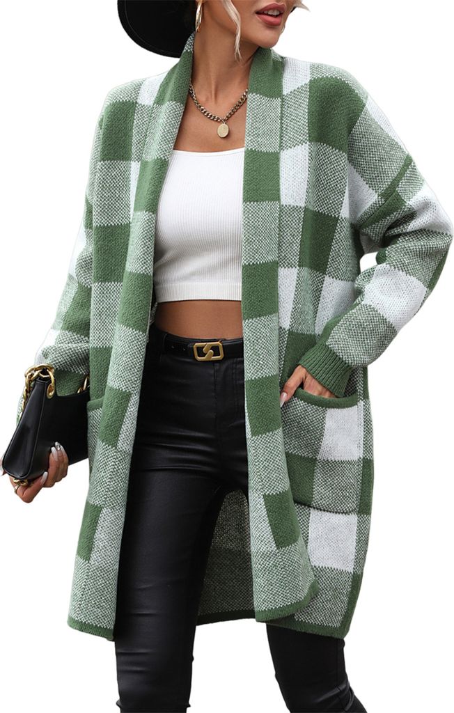 ASKSA Damen Cardigan Karierter Farbblockstrick Strickpullover Elegante Strickjacke Oberbekleidung, Gruen, S