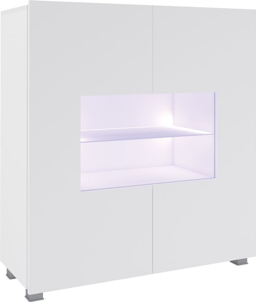 Highboard Schrank Vitrine LABRI 100x105x35cm Weiss Hochglanz inkl. LED
