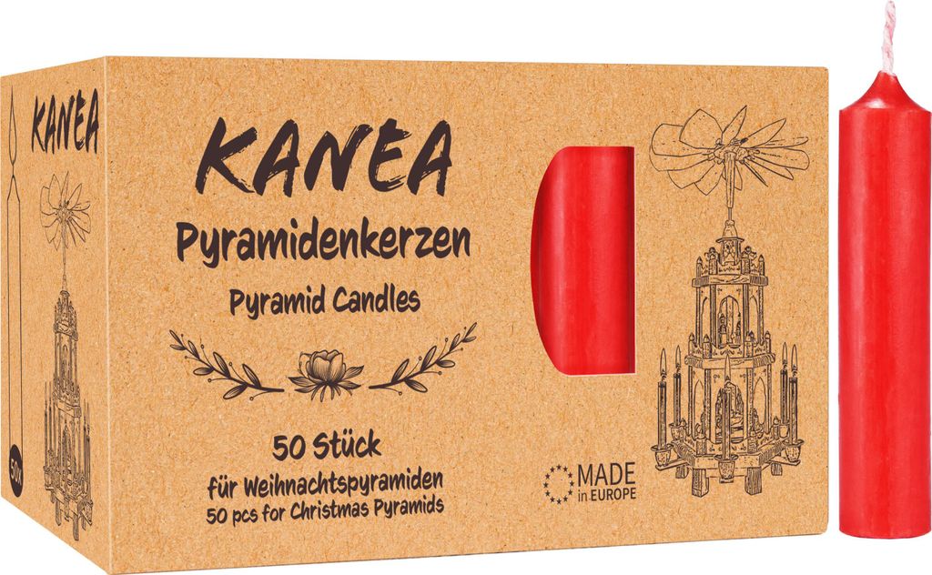 KANEA 100er Pack Pyramidenkerzen - Weihnachtskerzen für Pyramiden - Weihnachtspyramiden Baumkerzen aus Wachs - 7 cm groß, 14 mm Ø - Rot
