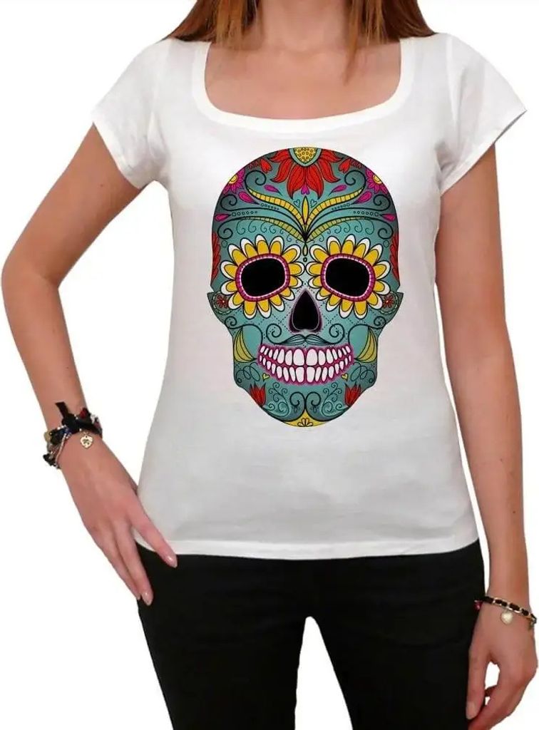 Damen Grafik T-Shirt Tag der Toten Schädel grün – Day Of The Dead Skull Green – Öko-Verantwortlich Vintage Jahrgang Kurzarm Lustige Druck Ge...