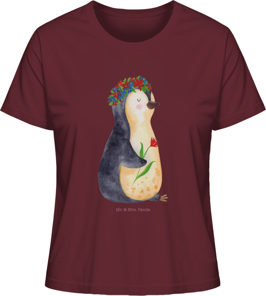 Mr. & Mrs. Panda Shirt Damen Pinguin Blumen Größe M - Burgundy - Geschenk, Blumenliebe, Wunderschön, Kurzarmshirt, Wünsche, Baumwollshirt, Ober...