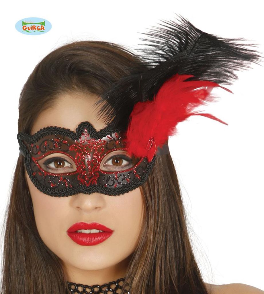Rot und schwarz verzierte Maske mit Feder, 1 Stk. Produktbild 