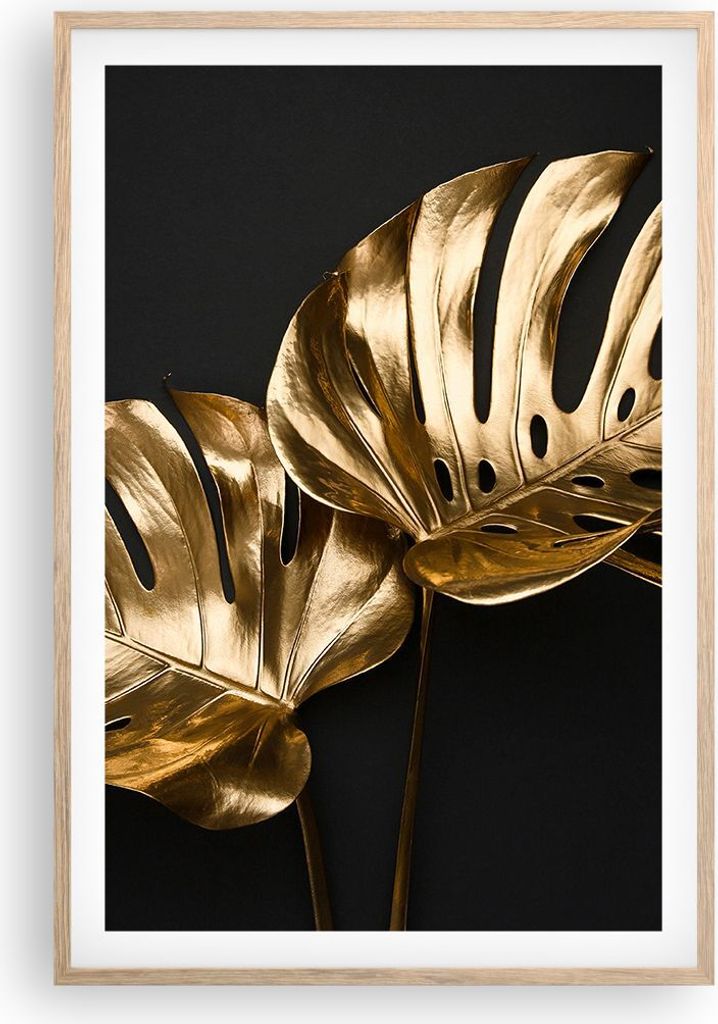 Gerahmtes Poster - Rahmen in heller Eiche - Golden Blätter Monster - 61x91,5 cm - Wand Bild - Wanddeko - Wandbilder - Kunstposter - Wandposter - B...