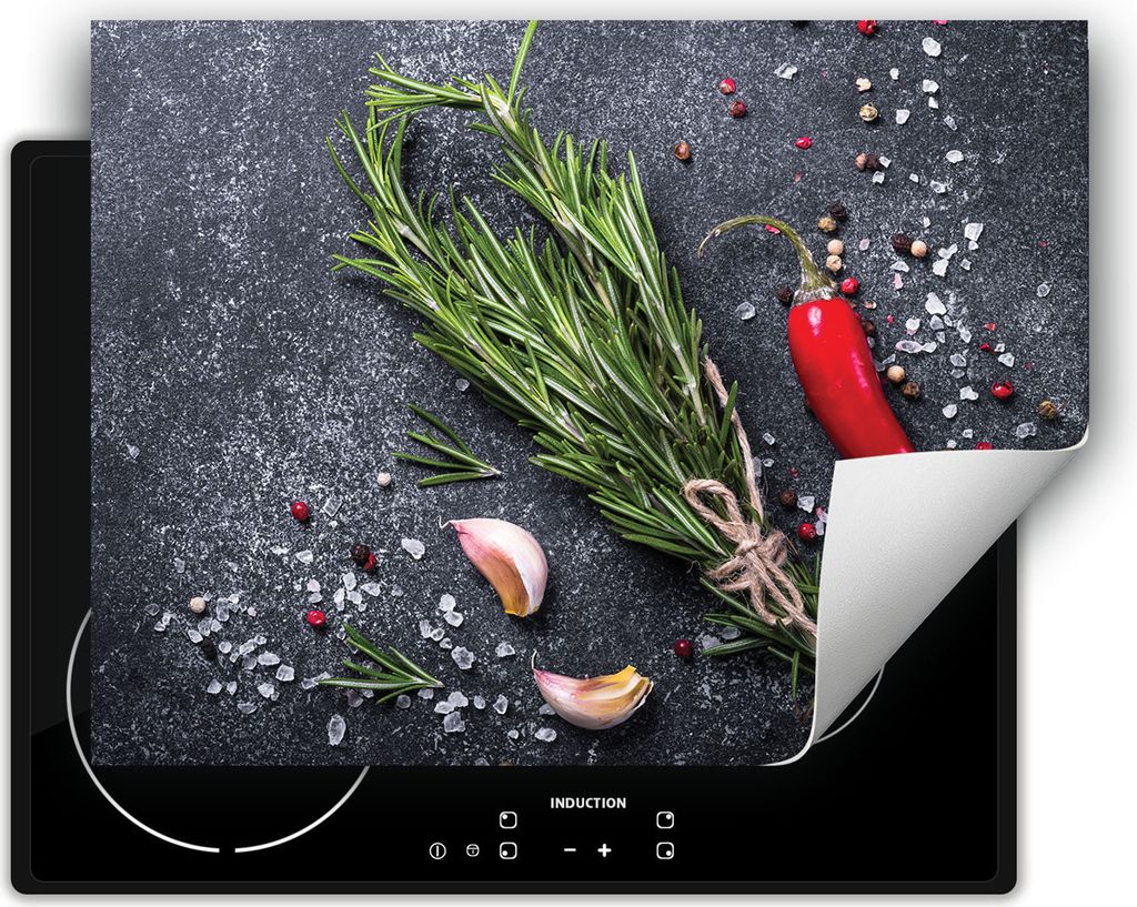 DarHaus Herdabdeckplatte 70x52 cm Anti Rutsch Matte Aufrollbar, schiefer - Chilli - Gewürze