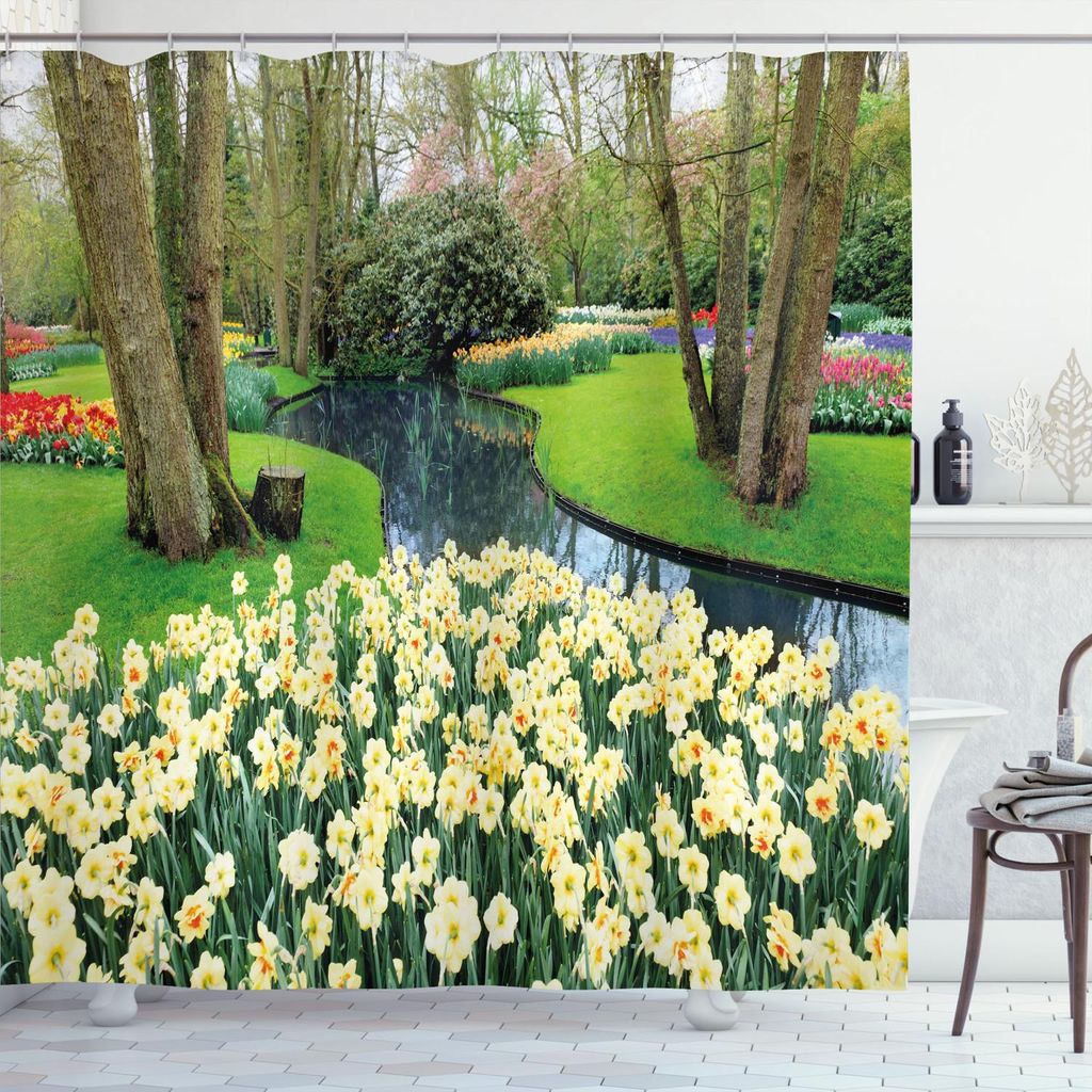 ABAKUHAUS Frühling Duschvorhang, Blumen-Garten im Erholungspark mit frischer Gras-Feld-und Teich-Natur-Szene, 175 x 220 cm, Grün und Brown