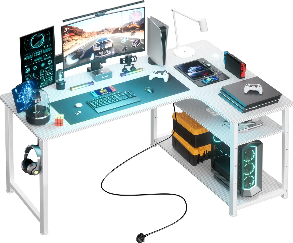 COMHOMA Bureau Gaming en L 120cm avec Prises USB et Support Écran Noir