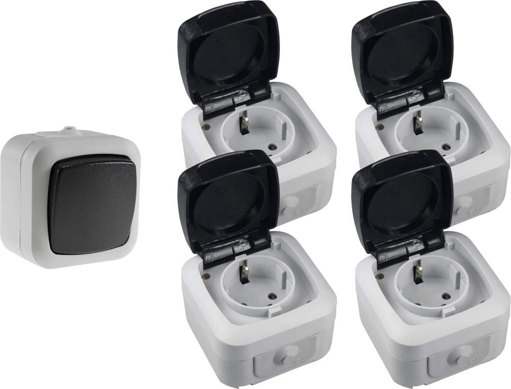 Feuchtraum Wechselschalter Steckdosen IP44 250V AC Aufputz Set 5 teilig
