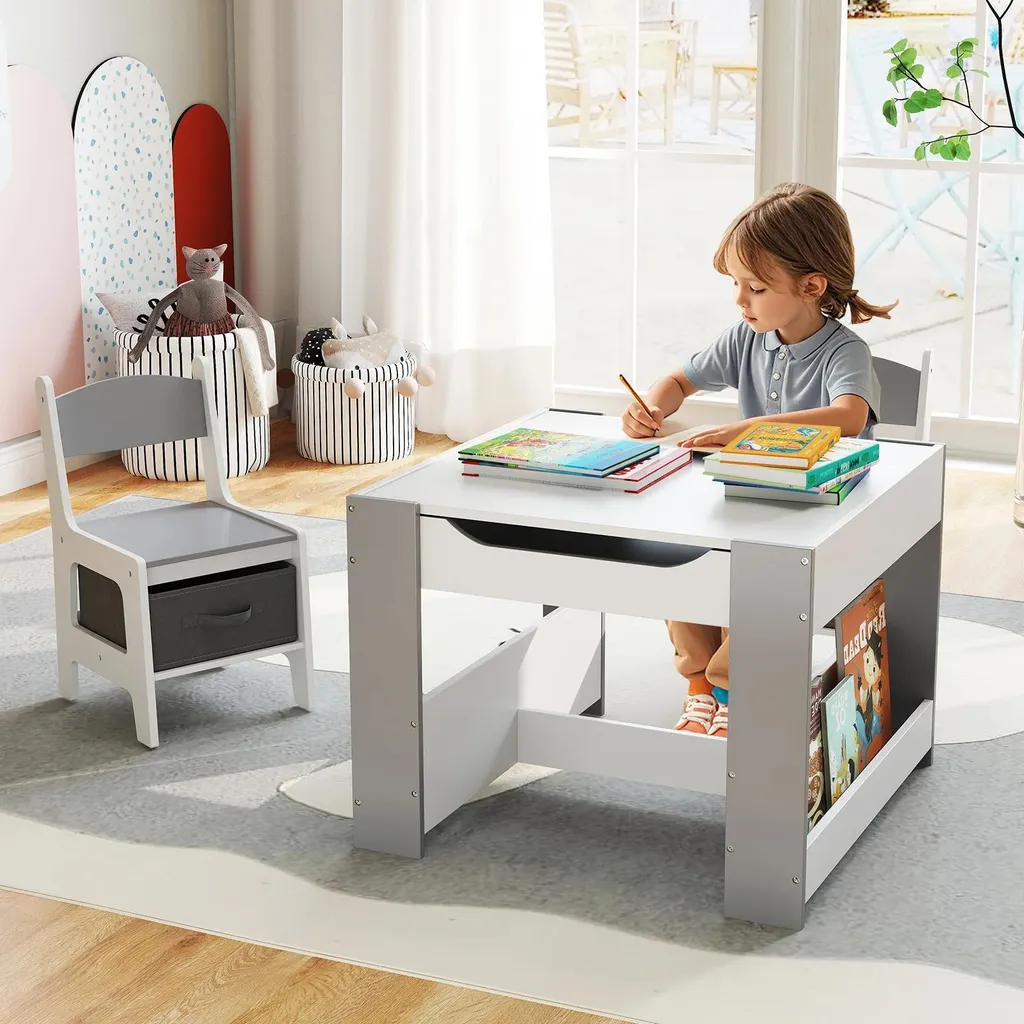 Table pour enfants avec 2 chaises en bois gris clair ensemble 3 pièces - 2