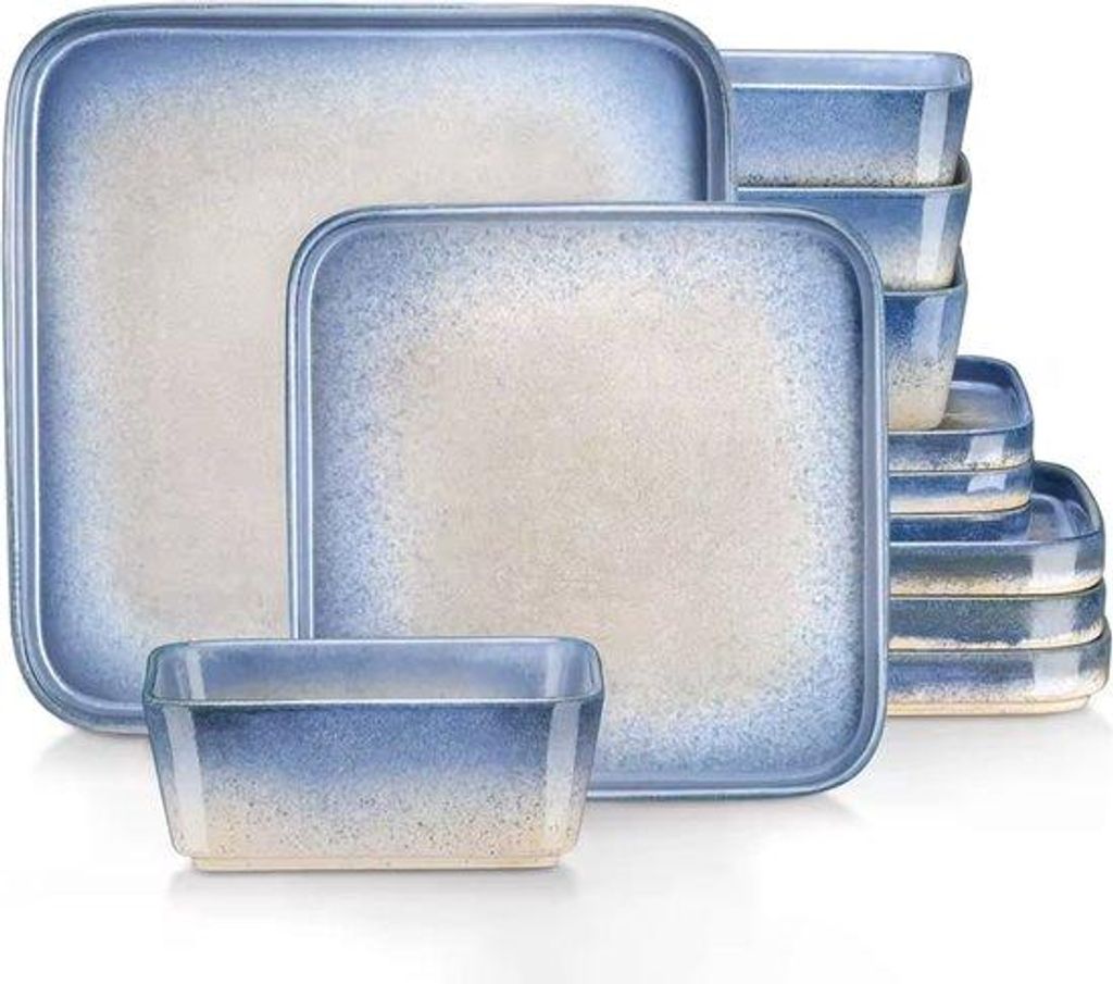 Keramik-Quadro-Servietten-Set, 4 Teller, 4 Tassen, 4 Schalen, 12-teilig, Weiß-Blau-Keramik-Design
