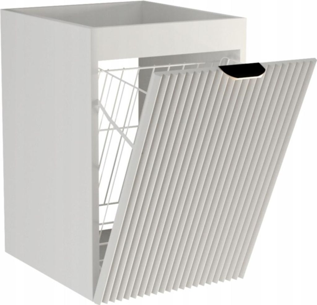 WENA Badezimmerschrank 40 cm, mit Wäschekorb, geriffelte Fronten, Griffe aus Metall in der Farbe Gold Willy (Farbe: Weiß)