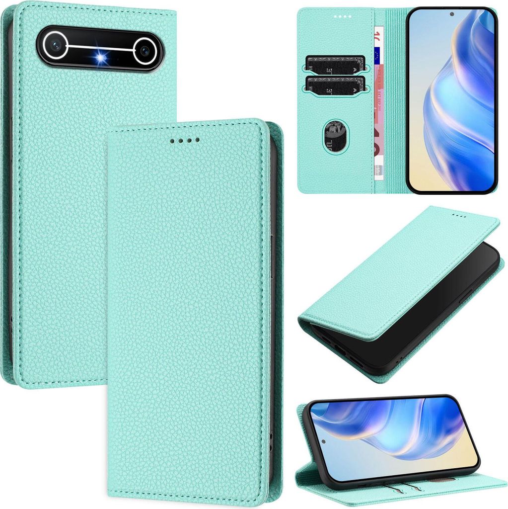 Litchi Leder Handyhülle für Tecno Pova Slim Wallet Kartenfächer Standfunktion Hülle Türkis