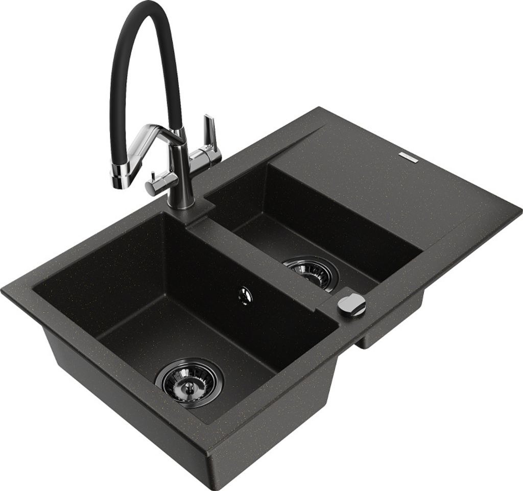 Mexen Gaspar 1,5-Becken-Granitspüle mit Abtropffläche und Mischbatterie Duo, Schwarz/Gold metallisch - 6507-75-671701-07-B