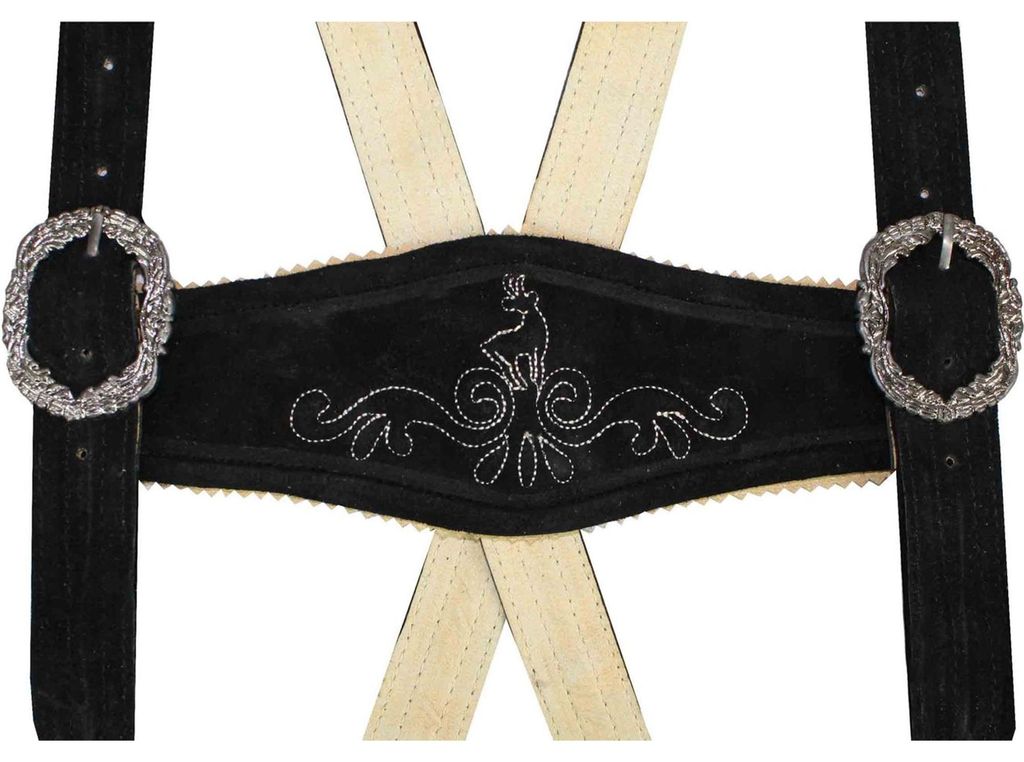 Detaillierte Nahaufnahme schwarzer Wildlederträger mit weicher Wildlederstruktur. Bestickte Lederhosen-Träger, handgefertigt für Oktoberfest-Mode. Klassische deutsche Kostümträger.