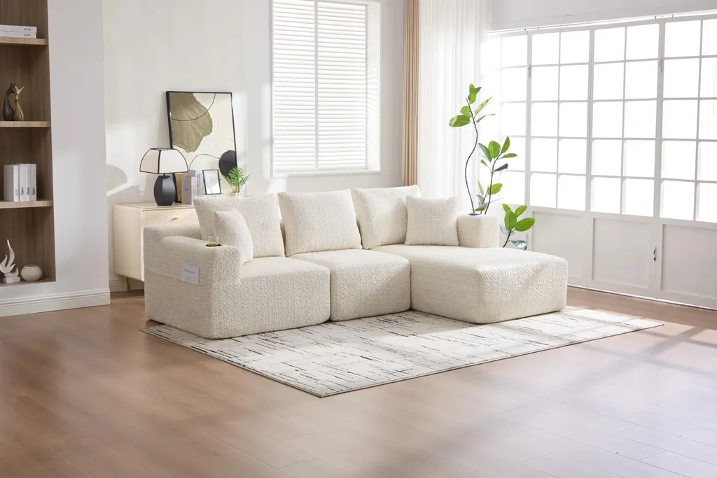 Canapé d'angle modulaire 261x165 cm en chenille beige avec mémoire de forme - 2