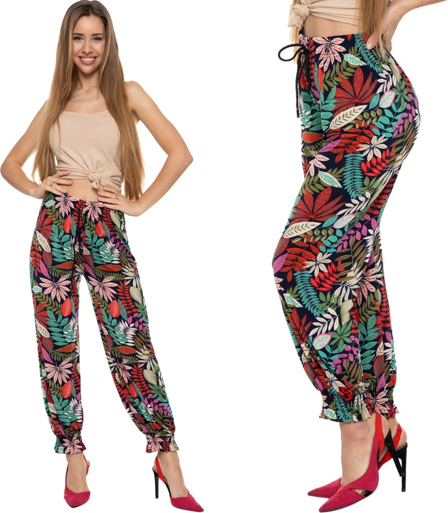 Moraj Damen Sommer Hose leichte Stoffhose Aladinhose Haremshose baggy 1300-010 PATT 1, Große: 2XL