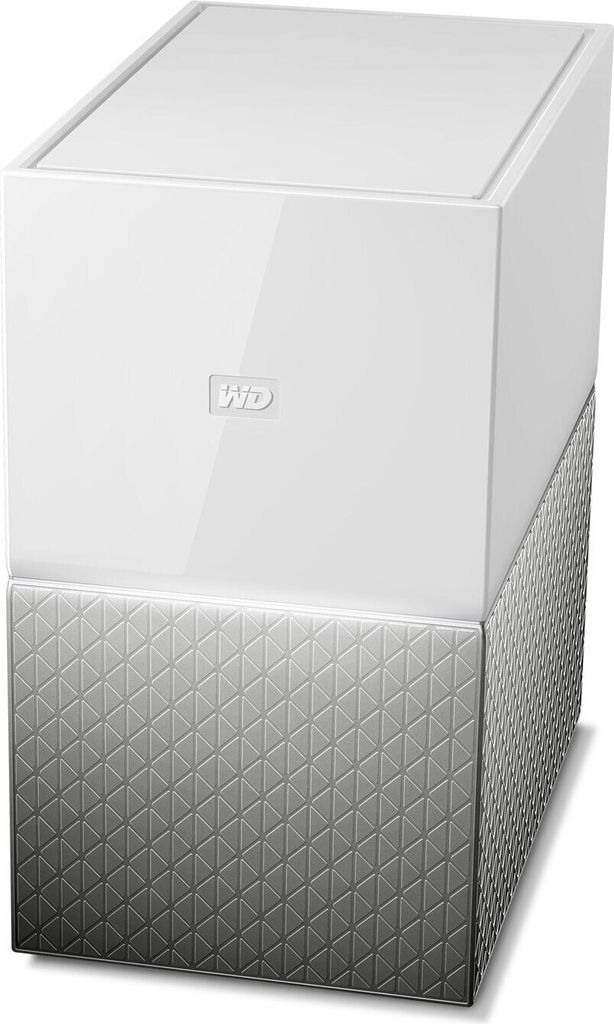 A white and silver external hard drive with a textured base.