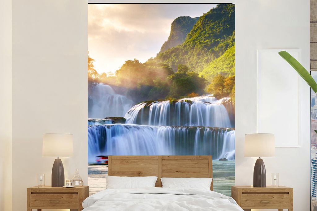 MuchoWow Fototapete für Wohnzimmer oder Schlafzimmer Wandtapete Vinyl Motivtapete Wasserfall - Pflanzen - Sonne - Wasser - Natur - 180x280 cm - ...