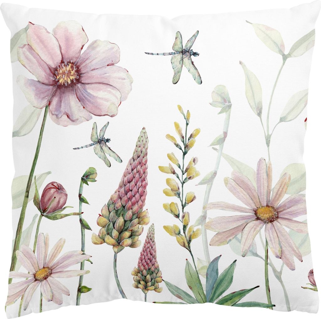 Dekokissen Blumen draußen / Outdoor Zierkissen waschbar Gräser rosa Aquarell Sofakissen mit Füllung