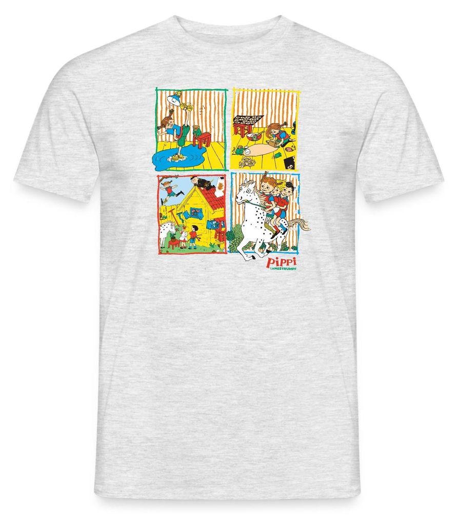 Spreadshirt Pippi Langstrumpf Und Ihre Freunde Kacheln Männer T-Shirt, XXL, Grau meliert