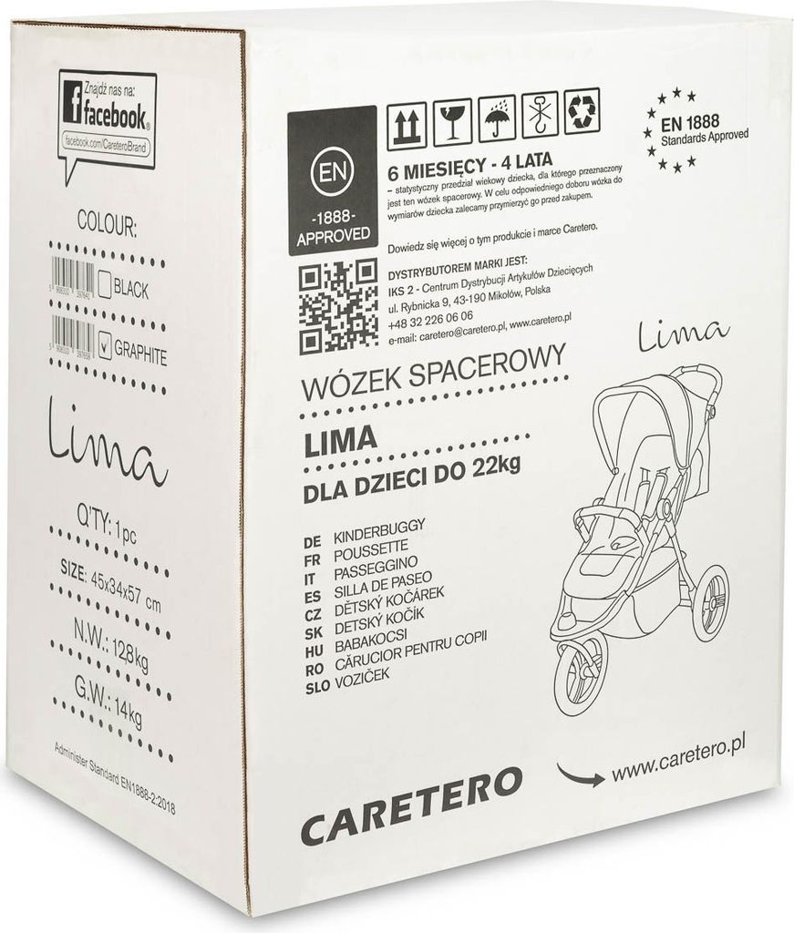 The image shows the packaging of a stroller, with product details and branding.