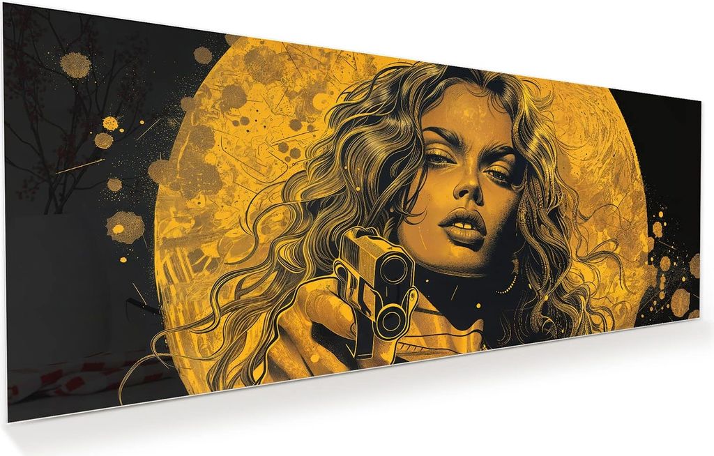 Glasbild 100x40cm in XXL für Wohnzimmer, Schlafzimmer Motiv Frau Mit Pistole Kunst