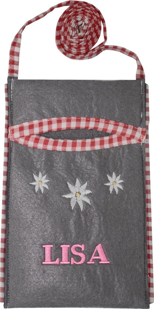 Trendige Filz Trachtentasche Handytasche für Groß und Klein - mit Wunschstickerei, Farbe:Anthrazit/Rot