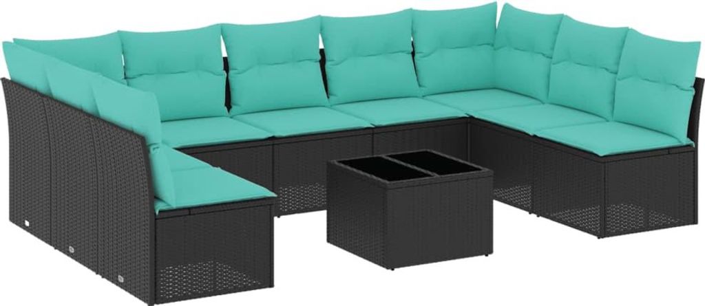 vidaXL 10-teiliges Gartensofa-Set mit Kissen, schwarzes Polyrattan