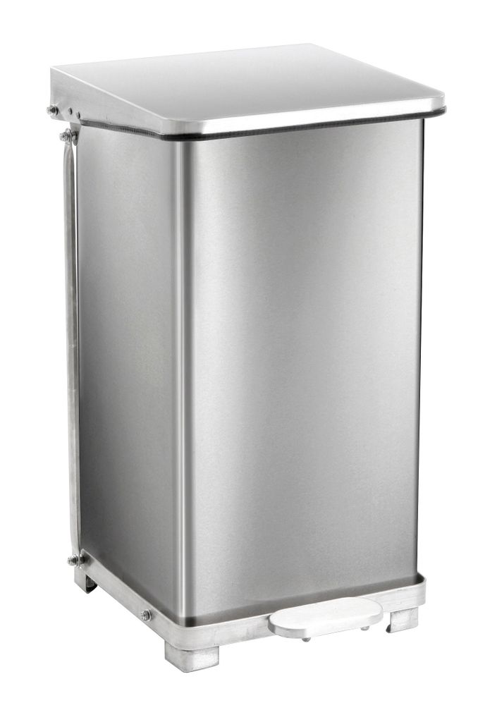 A stainless steel trash can with a foot pedal.