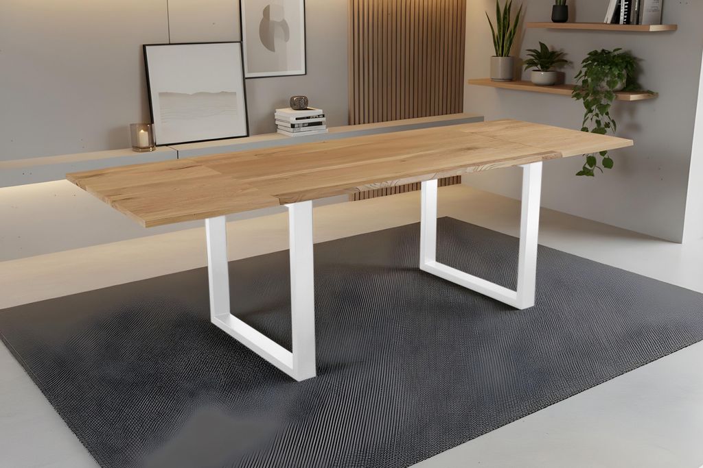 Esstisch 160(260)x85 cm mit Ansteckplatten Baumkante Wildeiche massiv U-Gestell weiß SERRA
