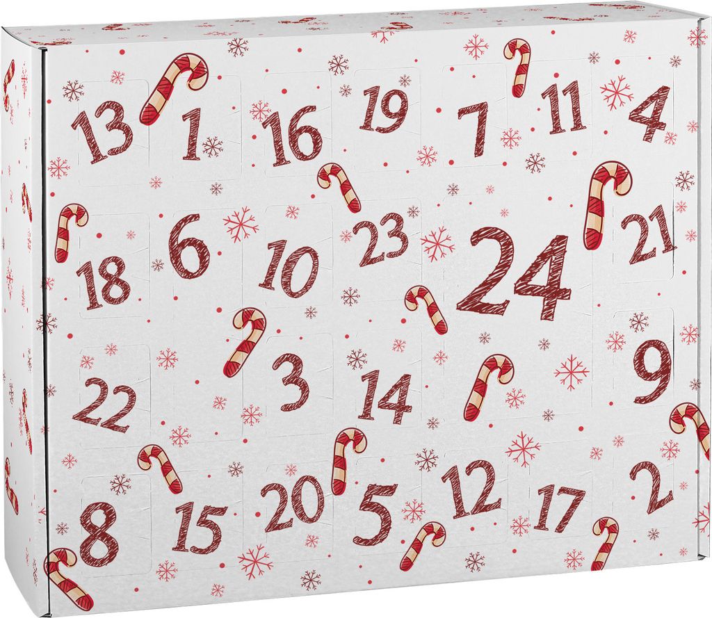 A white cardboard advent calendar with red candy cane and snowflake designs, featuring numbered doors.