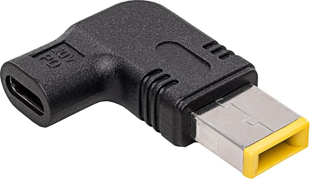 A black USB-C to slim tip laptop adapter with silver and yellow connectors.