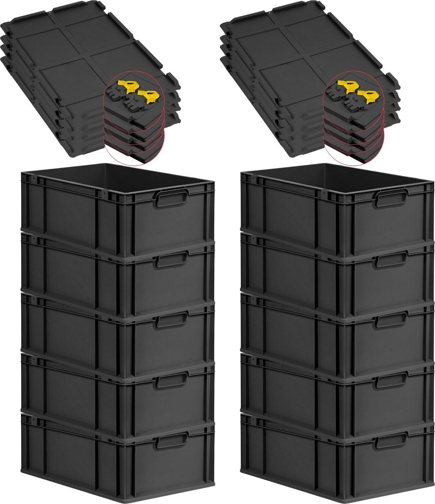 SuperSparSet 10x Eurobox NextGen Grip mit Scharnierdeckel und gelben Schiebeschnappverschlüssen | HxBxT 22x40x60cm | 44 Liter | Schwarz | Griffe g...