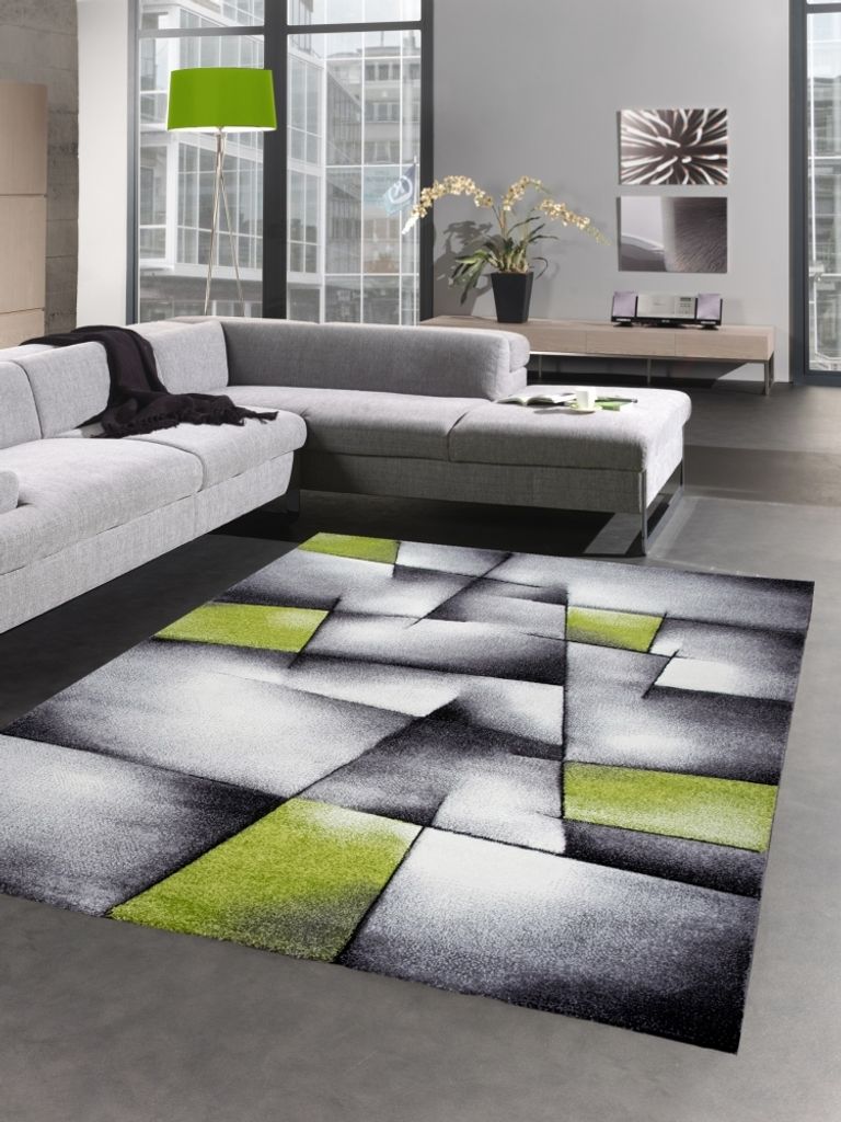 Moderner Teppich Kurzflor Wohnzimmerteppich karo abstrakt grün grau Größe - 80x150 cm