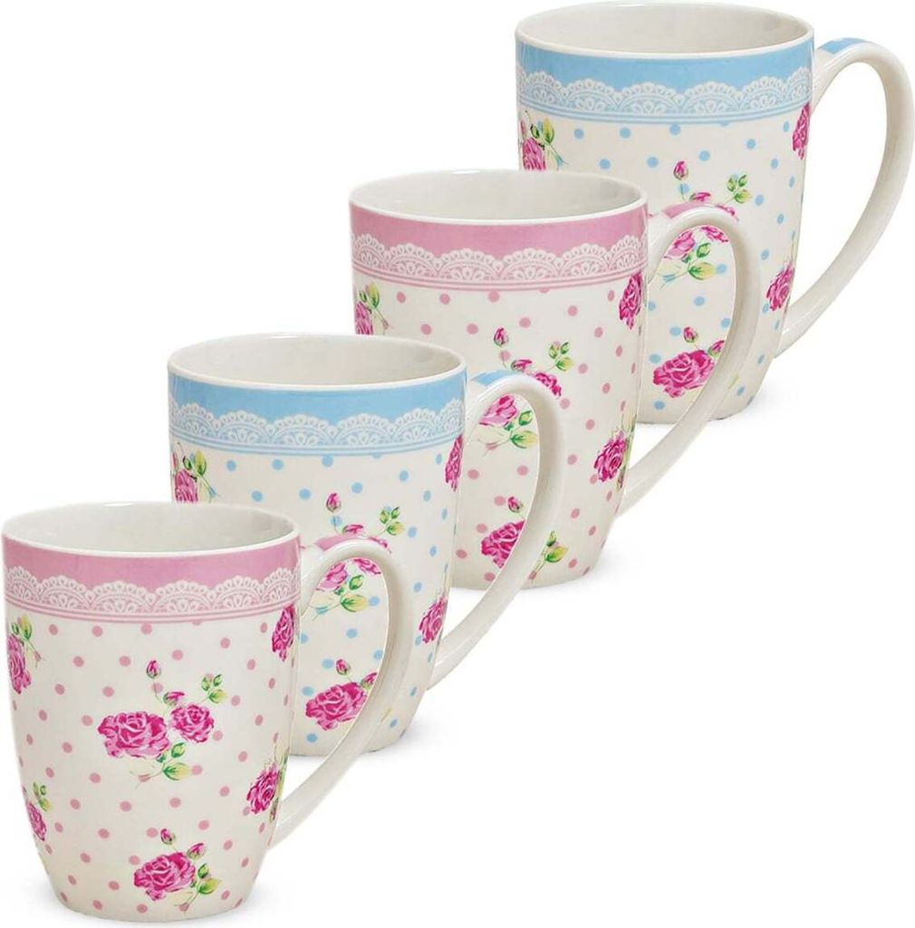 Kaffeetassen 4er Set Rosen-Dekor Rosenblüten Blumen