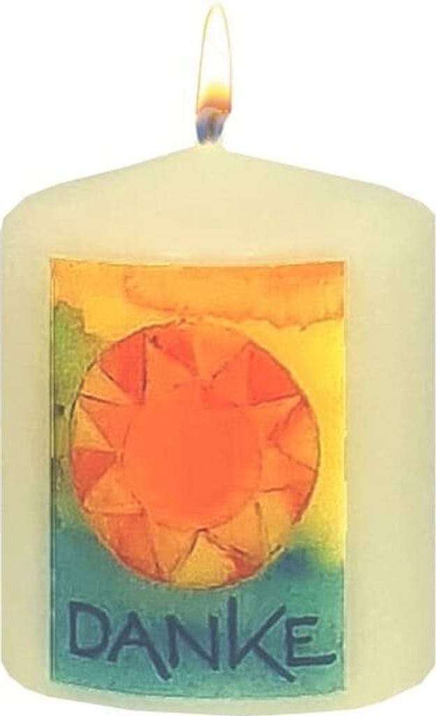 Gastgeschenk Kommunionkerze 60 x Ø 50 mm in Elfenbein "Sonne und Danke" und Namensverzierung, 12 Stück
