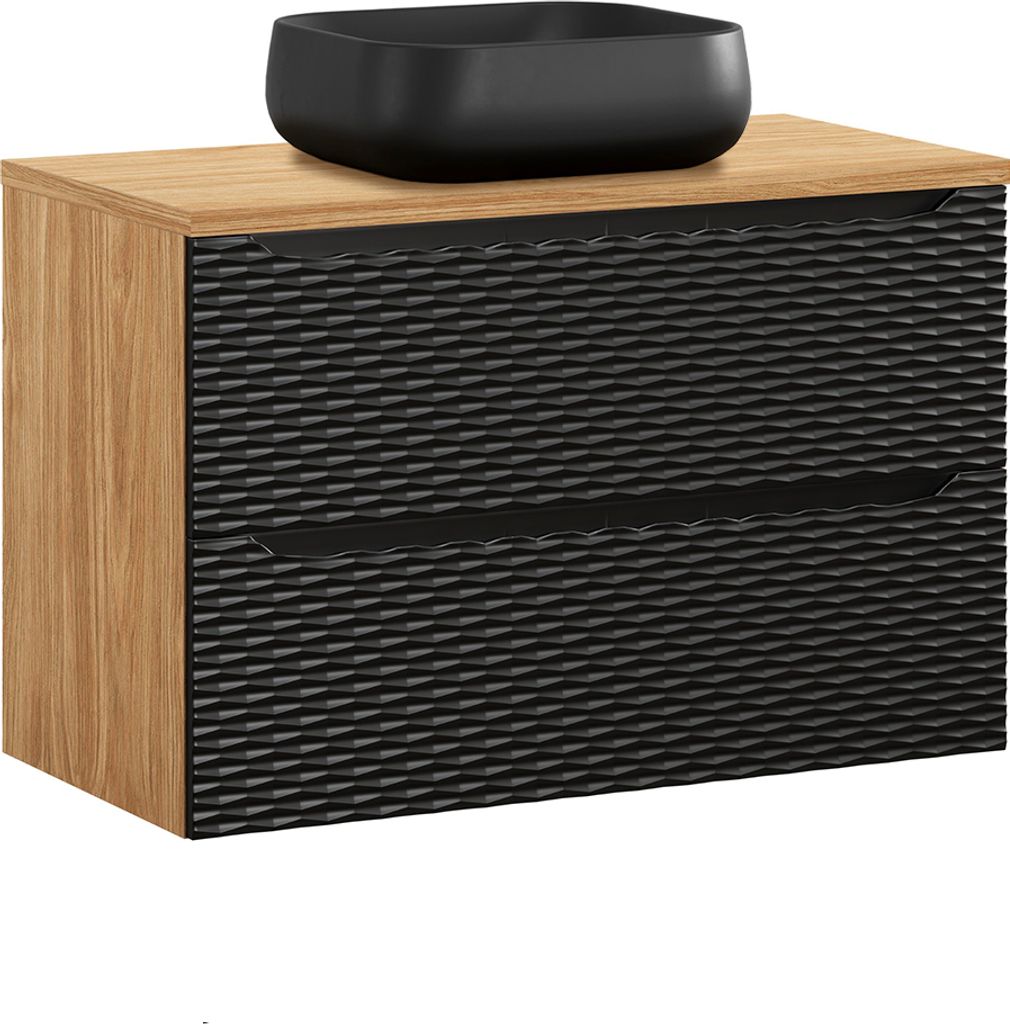 Waschtisch 90cm Elora mit 2 Schubladen, Schwarz und Holzoptik