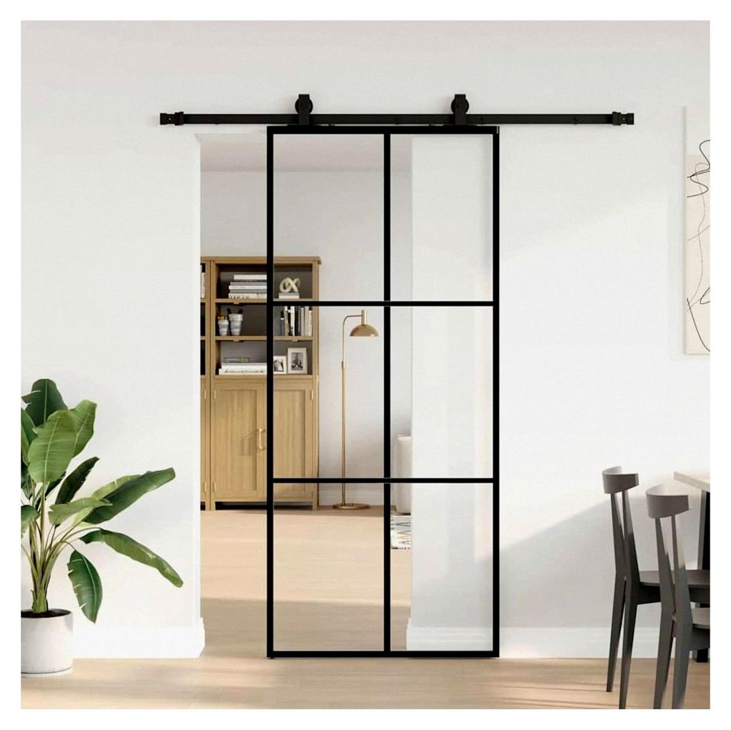 Schiebetür aus ESG-Glas und Aluminium, 90x205 cm, schwarz, 100 kg Tragfähigkeit