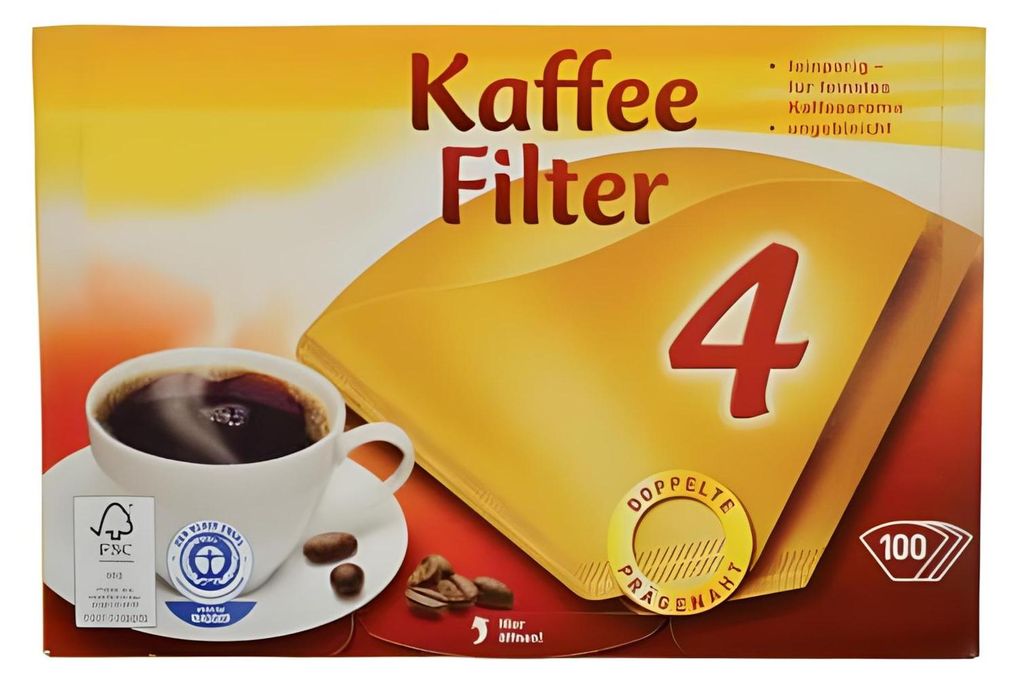 A box of coffee filters with a cup of coffee and coffee beans shown.
