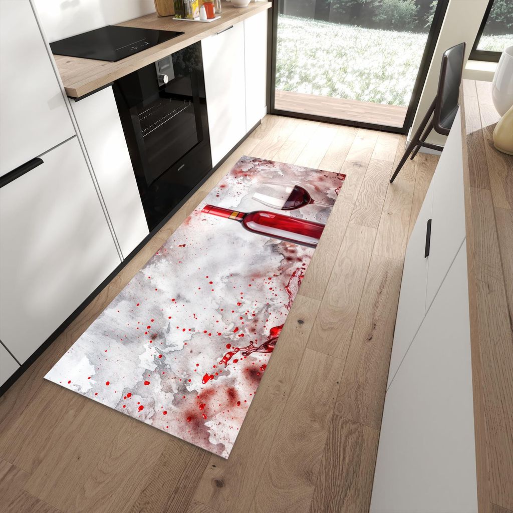 Küchenteppich 80x200cm rutschfest & abwischbar PVC Läufer - Rotwein mit Glas
