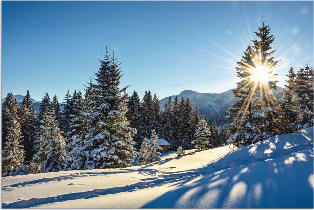 ARTland Wandbild Alu für Innen & Outdoor Winterlandschaft mit Sonnenstern Größe: 90x60 cm