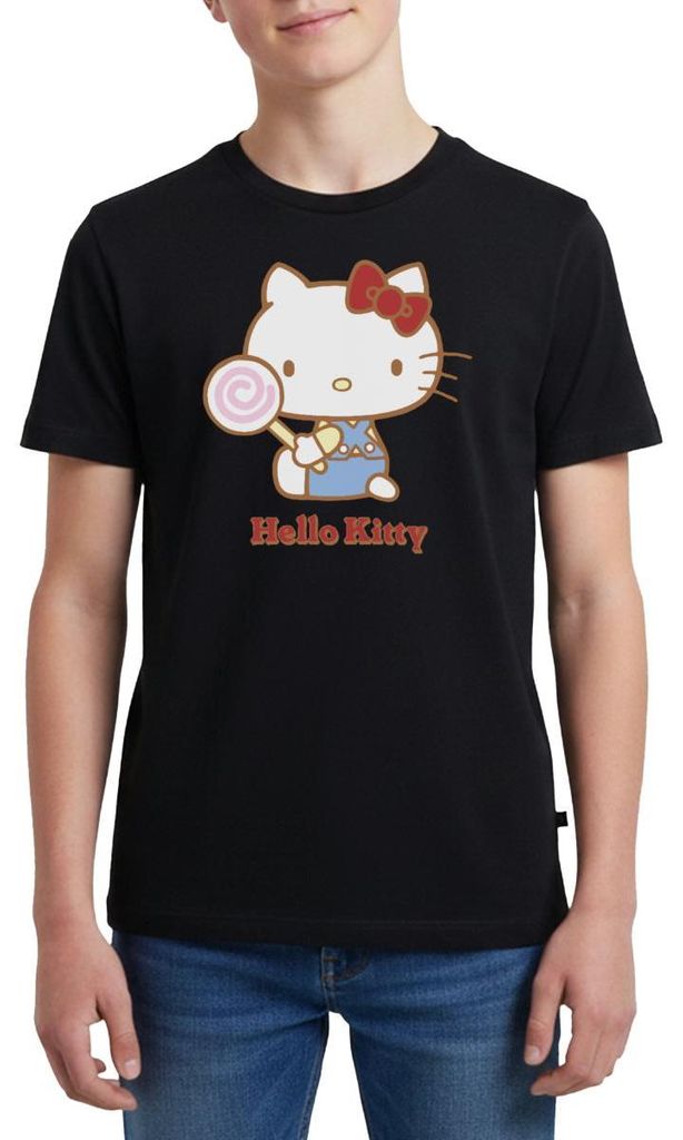 Spreadshirt Hello Kitty Mit Lollipop Teenager Premium T-Shirt, 146/152 (10 Jahre), Schwarz