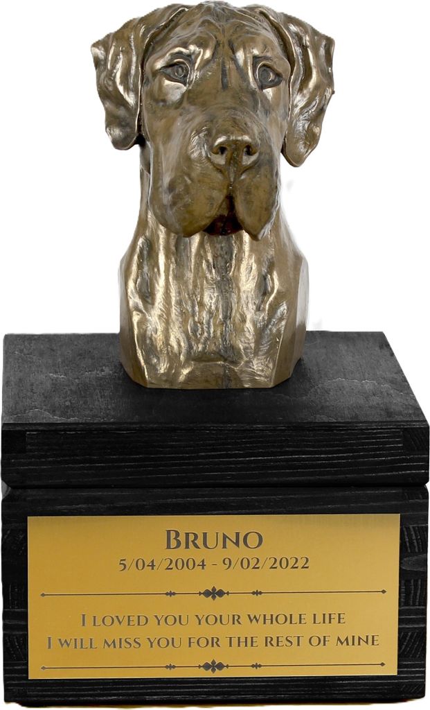 Deutsche Dogge, Ulmer Dogge, Große Dogge II - eine Urne mit Gravur und Hundeskulptur, letzter Abschied, handgefertigtes Produkt der Marke Art-Dog