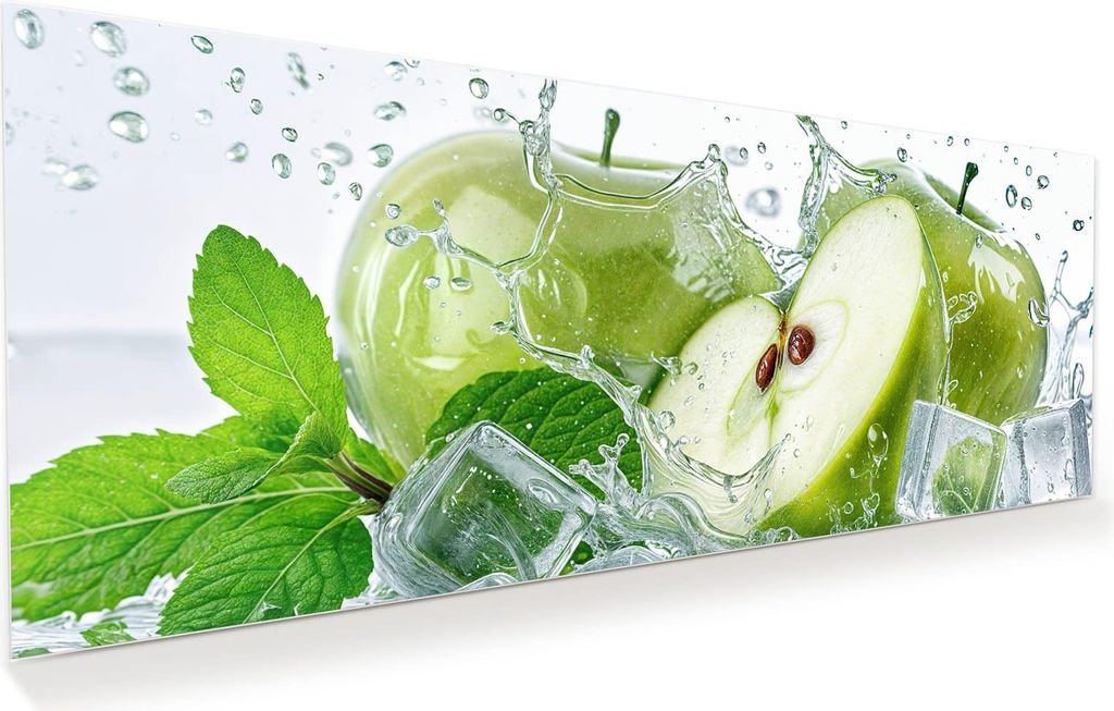 Glasbild 100x40cm in XXL für Wohnzimmer, Schlafzimmer Motiv Frische Äpfel Splash