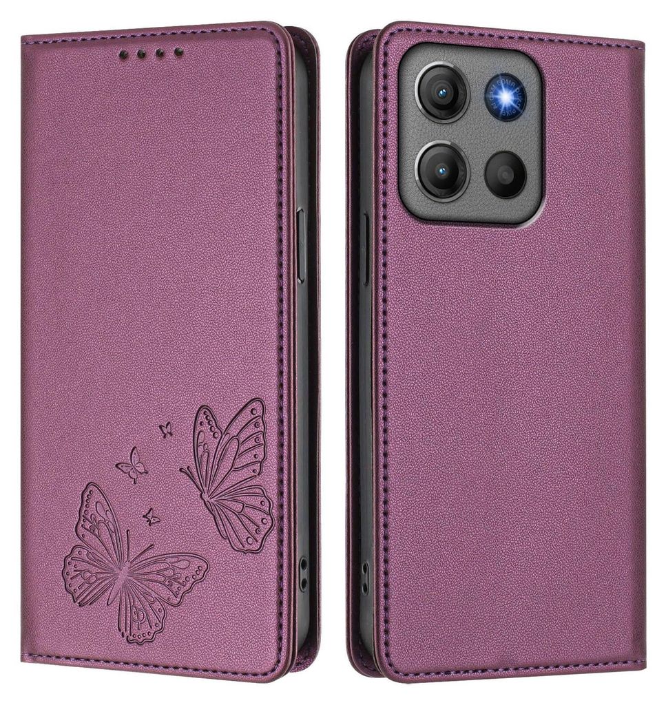 Lederhülle für Motorola Moto G17/G17 Power/Moto G15/G15 Power, Schmetterling Prägung Leder Brieftasche Schutzhülle mit Ständer Lila